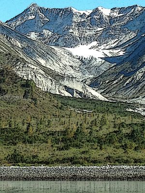 Alaska notecard showing rocky mountainside and shoreline.