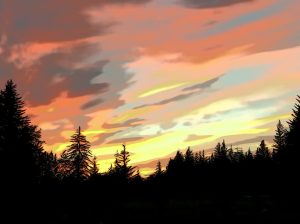 Alaska notecard and limited edition print showing colorful sunset sky with trees in silhouette.