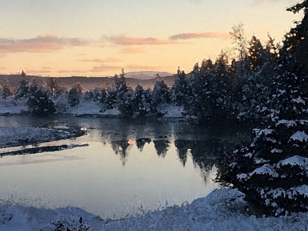 Alaska notecard and limited edition print showing snowy riverbanks and sunset light in the sky.