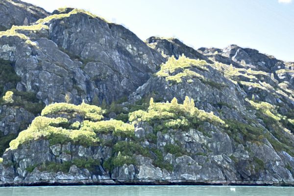 Alaska notecard showing rocky mountainside and shoreline, with cottonwood trees glowing in sunlight.
