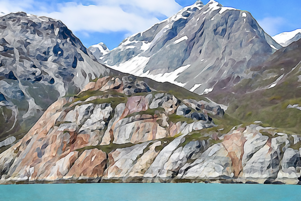 Alaska notecard showing colorful rocky mountainside and shoreline.