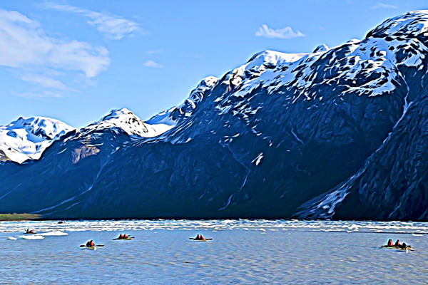 Alaska notecard showing kayakers surrounded by icy waters.