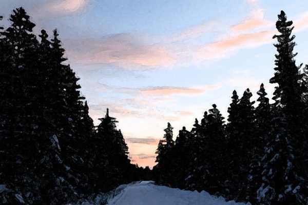 Alaska notecard showing sunset sky along a snowy lane.