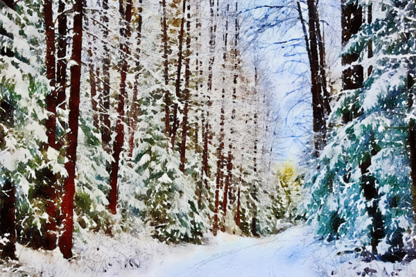 Alaska notecard showing snowy lane through the forest.