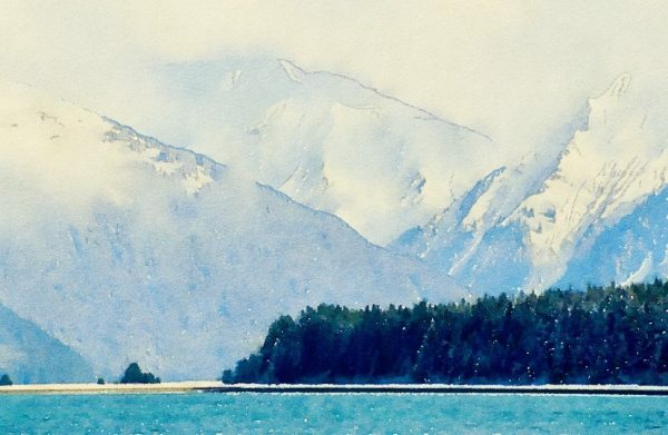 Alaska notecard showing tall mountains in fog and bright forest at the shore.